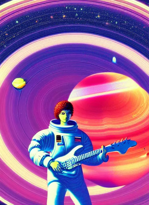 Image similar to realistic portrait of vaporwave cyberpunk astronaut playing an electric guitar floating in front of saturn, futuristic, highly detailed, 8 0 - s style poster, sharp focus, illustration, art by kawase hasui,