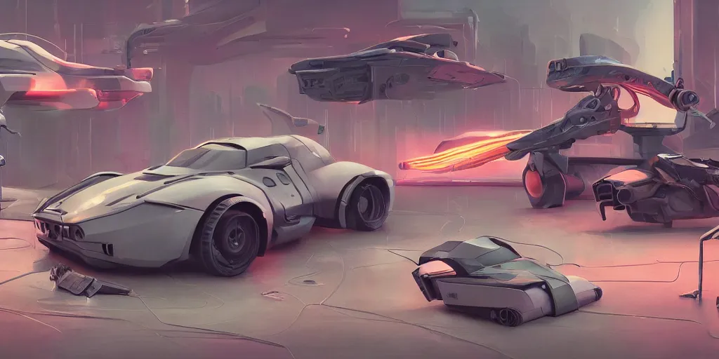 Image similar to Hard Surface Shape Form Exploration, Detailed, 8k, sci-fi, pastel colors, props, panel, concept, simon stalenhag ,syd mead, vehicle, speeder, parts,modular, insane detail, ash thorp, kyza, car, msucle cars , cyberpunk, collection, sports, exotic, legendary