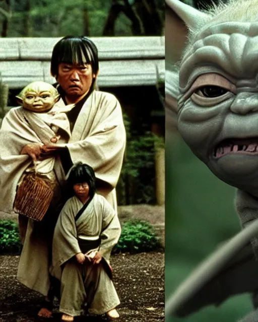 Image similar to Donald Trump as Ogami Ittō in Lone Wolf and Cub and Baby Yoda as Daigorō, photorealistic, Cinematic, Japanese