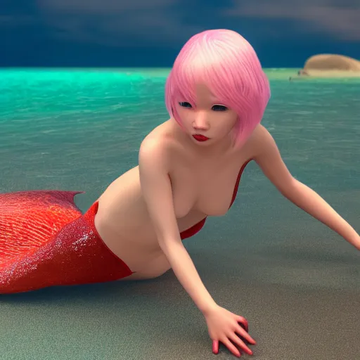 Image similar to albino Asian mermaid on the beach, full body, unreal engine octane, red and white, gliter, depth of field, 8k, hyper detailed, intricate, tending on artstation