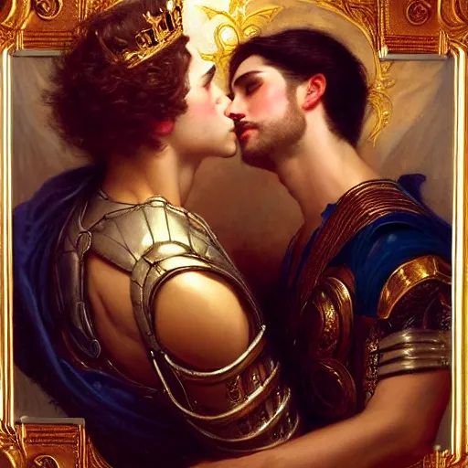 Prompt: attractive fully clothed king confesses his love for his attractive fully clothed male prince consort. highly detailed painting by gaston bussiere, tom bagshaw, j. c. leyendecker