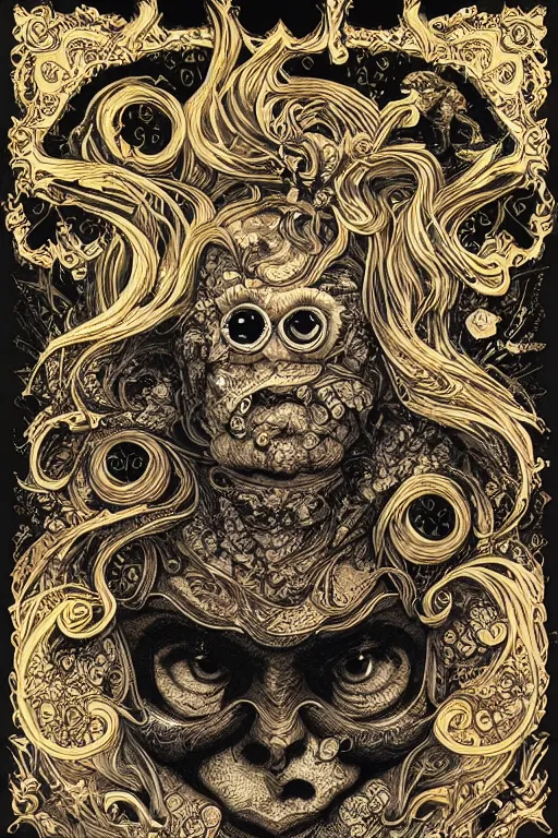 Image similar to portrait of thousands of cartoon faces that are made up of faces, black paper, baroque, rococo, tarot card with ornate border frame, marc Simonetti, paul pope, peter mohrbacher, detailed, intricate ink illustration