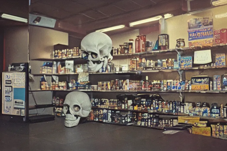 Image similar to large metallic skull attached to an infinitely long, coiled power cable, stoic and calm, inside of an unlit 1970s convenience store, ektachrome photograph, volumetric lighting, f8 aperture, cinematic Eastman 5384 film