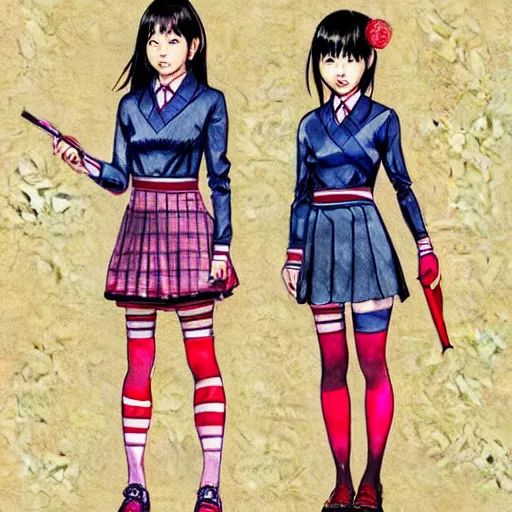 Image similar to a perfect, realistic professional digital sketch of two Japanese schoolgirls posing, in style of Marvel, full length, by pen and watercolor, by a professional American senior artist on ArtStation, a high-quality hollywood-style sketch, on high-quality paper