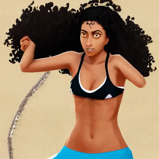 Prompt: A brown girl with black curly hair playing beach volleyball at the beach, highly detailed, artstation, 8k,