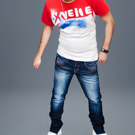 Image similar to a full body shot of an average white, short young - adult man with blue dyed hair, wearing a red backwards cap, white t - shirt with a red no symbol on it, blue long pants and red shoes, holding a microphone, studio lighting, photoshoot, grey background