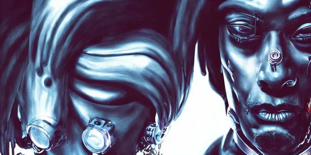 Image similar to dark portrait of cyberpunk snoop dog, cyborg, hyper realistic, highly detailed, sharp focus, cyberpunk style, trending on artstation, 8k, 35mm, cinematic lighting