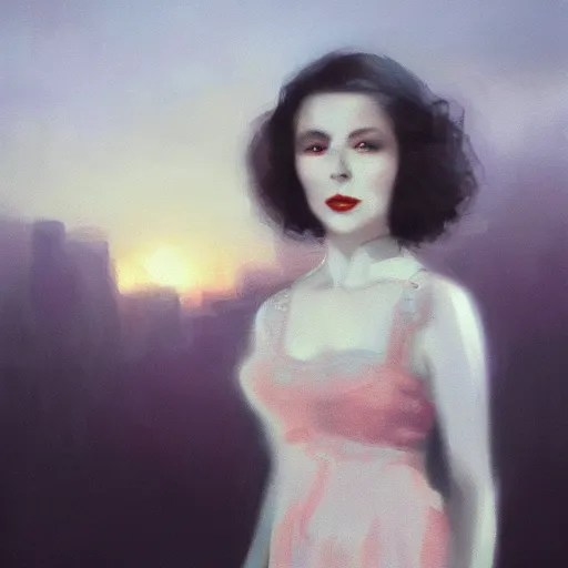 Prompt: a closeup portrait of a young vivian leigh, 1 9 2 0 s city background, gorgeous view, sunset, film noir, depth, by seb mckinnon, by greg rutkowski, by igor kieryluk, digital art, trending on artstation