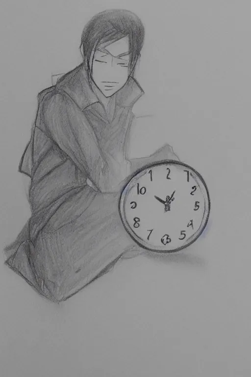 Image similar to anime drawing, a student sitting looking at the clock on the wall