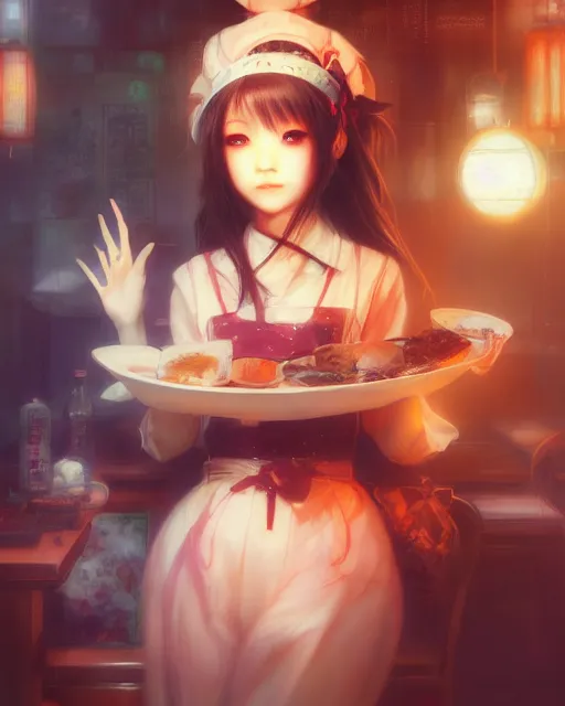 Prompt: japanese maid cafe, perfect face, akihabara, cinematic, highly detailed, psychedelic, digital painting, artstation, smooth, hard focus, illustration, art by jessica rossier and and brian froud