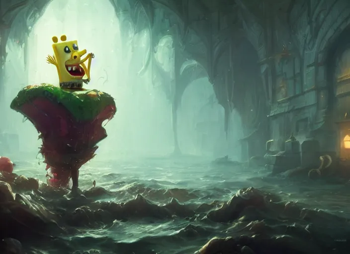 Image similar to amazing portrait of spongebob, deiv calviz, splash art, natural light, elegant, intricate, fantasy, atmospheric lighting, by greg rutkowski, league of legends splash art, hd wallpaper, ultra high details