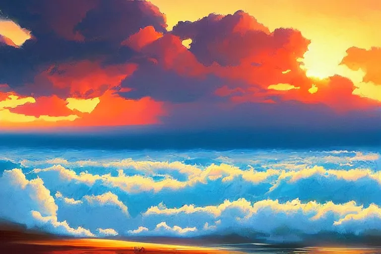 Prompt: a beautiful nature landscape with abstract beautiful clouds, ocean waves, sunset, by rhads