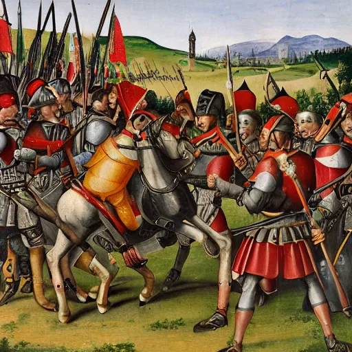 Prompt: Battle of Pavia in 1525, Landsknecht vs Swiss pikemen, medieval painting