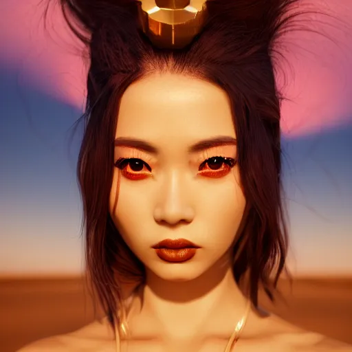 Image similar to giesha demon, innovative avant - garde art, deco fashion, asian women, highly detailed, photorealistic portrait, serene desert setting, golden hour, crisp quality and light reflections, octane render