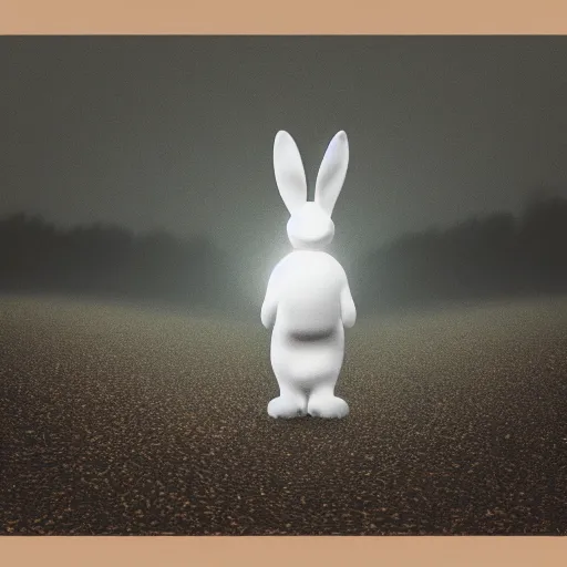 Image similar to “white bunny with black spots on face, staring at you in hell fog, raining fire, volumetric lighting, golden hour, sharp focus, ultra detailed”