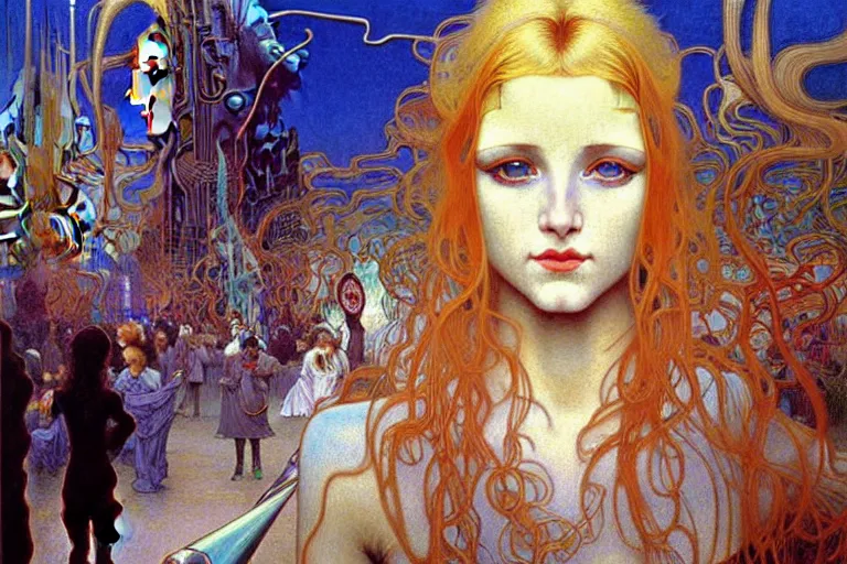 Prompt: realistic extremely detailed full length portrait painting of a girl with blond hair in a crowded modern sci-fi city street by Jean Delville, Amano, Yves Tanguy, Alphonse Mucha, Ernst Haeckel, Edward Robert Hughes, Roger Dean, rich moody colours, blue eyes