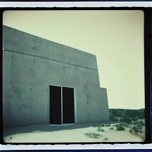 Prompt: concrete structure in the desert at night, minimalistic architecture, dark, surreal, open space, light art, james turrel, old polaroid, expired film,