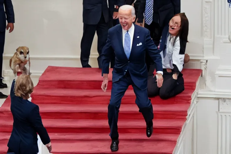 Prompt: joe biden in pain falling down stairs