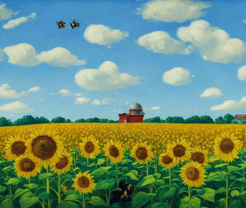 Prompt: a very detailed painting of a sunflower field, baby blue sky with very aesthetic stylized clouds, there is an ad billboard on the field, cows are on the field, an ufo is in the air, the ufo beams up a cow with a green light beam, in the style of edward hopper and kandinsky, very small brushstrokes, 4 k,