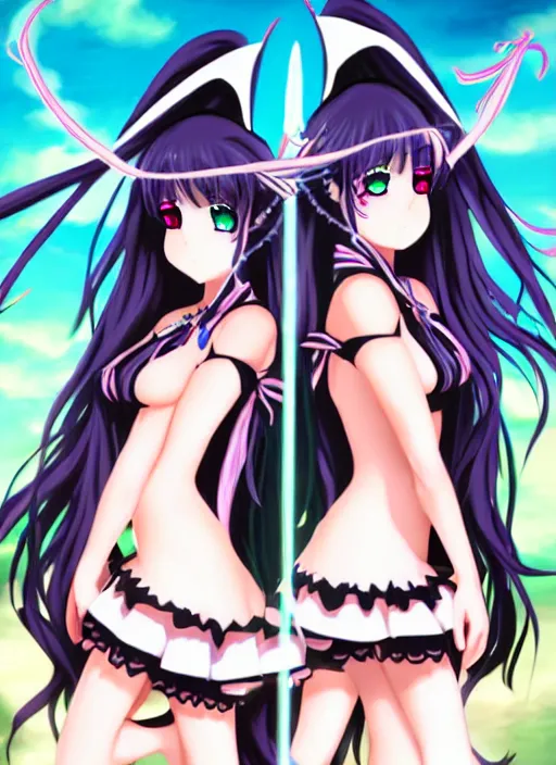 Prompt: two beautiful female witches with twintails taunting each other, gorgeous features, smooth, detailed anime art