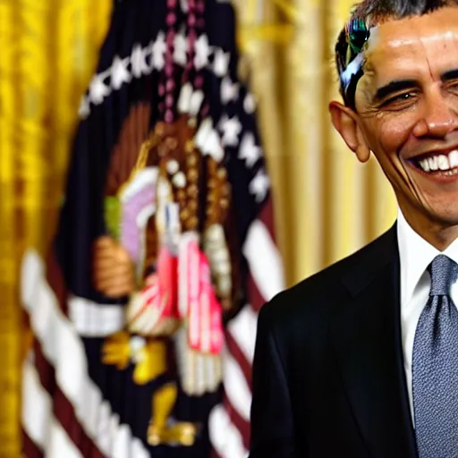 Image similar to A serious Barack Obama in a suit is putting a medal around the neck of another, smiling, suited Barack Obama. There's a yellow curtain in the background.