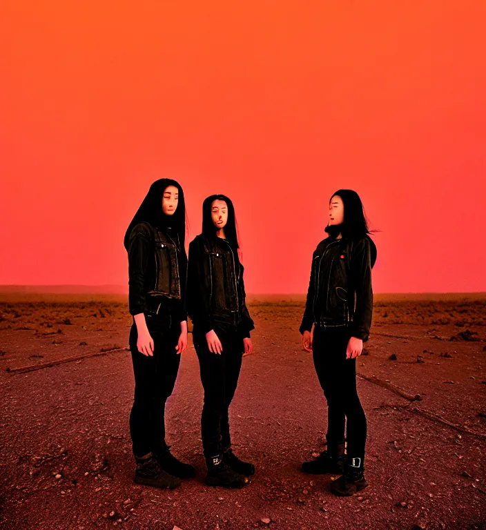 Image similar to cinestill 5 0 d 3 5 mm photographic portrait of two loving female androids wearing rugged black techwear on a desolate plain with a red sky, lizard on ground, cyberpunk style, a brutalist dark metal facility close in background, dust storm, 8 k, high resolution, f / 3. 2, ultra realistic faces