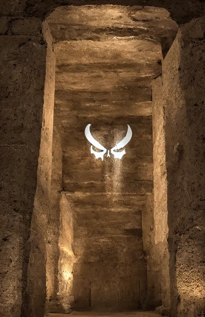 Image similar to punisher symbol is giant arching entrance and pillars in the form of the punisher icon into ancient egyptian temple with luminous smoke and light rays.