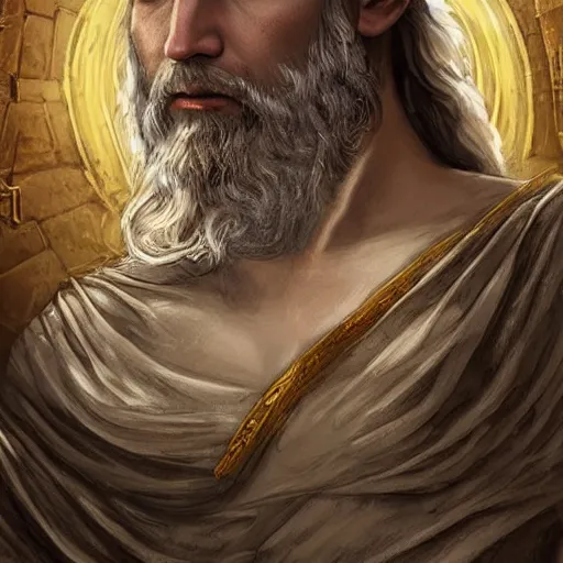 Image similar to Jennifer Lawrence as ancient greek woman in golden helmet, giant grey-haired bearded male face in the sky, epic fantasy style art, fantasy epic digital art