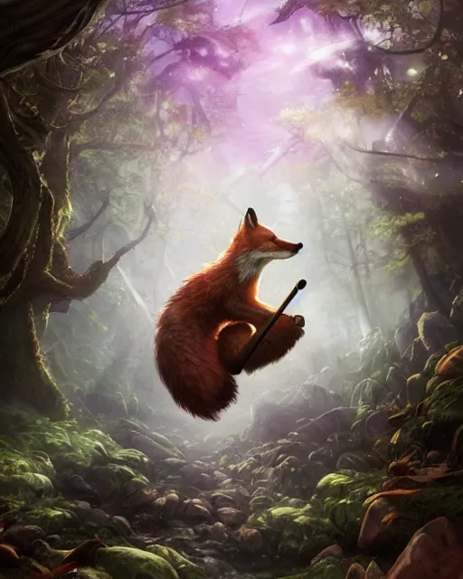 Image similar to Fox, Anthropomorphized, playing lyre in magical forest, magic the gathering artwork, D&D, fantasy, cinematic lighting, centered, symmetrical, highly detailed, digital painting, artstation, concept art, smooth, sharp focus, illustration, volumetric lighting, epic Composition, 8k, art by Akihiko Yoshida and Greg Rutkowski and Craig Mullins, heroic pose, oil painting, cgsociety