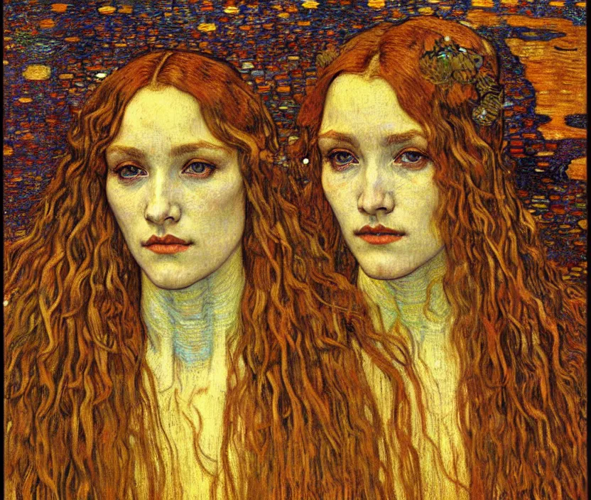 Image similar to detailed realistic beautiful young medieval queen face portrait by jean delville, gustav klimt and vincent van gogh, art nouveau, symbolist, visionary, gothic, pre - raphaelite, muted earthy colors, desaturated