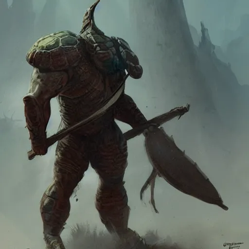 Image similar to bulky anthropomorphic turtle warrior, greg rutkowski