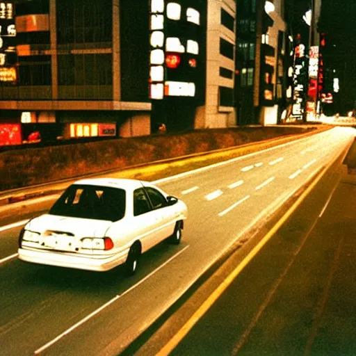 Image similar to silver corolla ae 1 1 0 rides on tokyo highway, night, high traffic, photograph from 1 9 9 9 year