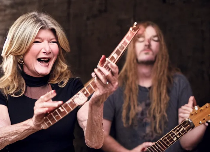 Prompt: publicity photo still of martha stewart in a death metal band playing live on stage, 8 k, live concert lighting, mid shot