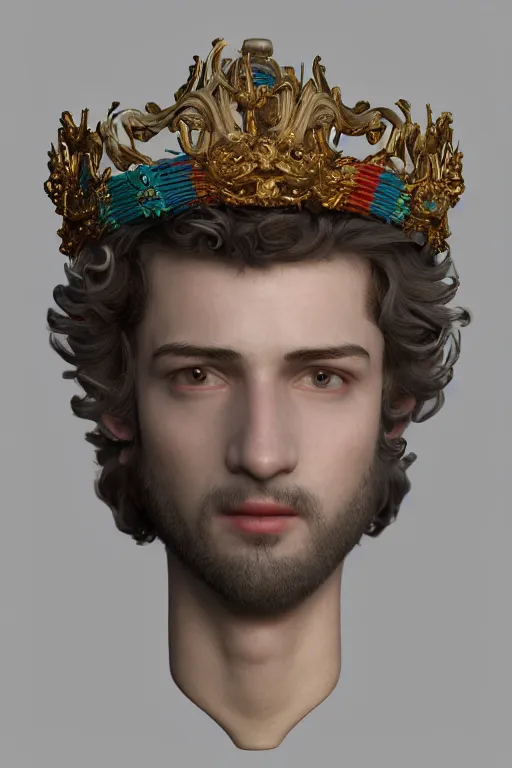 Image similar to a realistic porcelain full-head rococo style bust of handsome young Spanish prince a faded style haircut and a crown made of colored pipecleaners, suspended in outer space, photorealism, octane render, depth of field, 8k, 35mm, artgem, Trending on artstation