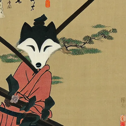 Image similar to samurai fox with a katana. sakura forest in the background. old japanese painting. fresco