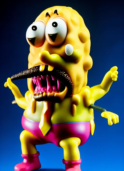 Image similar to hyperrealistic rendering, fat smooth john carpenter flesh monster spongebob by art of skinner and richard corben and jeff easley, product photography, action figure, sofubi, studio lighting, colored gels, colored background