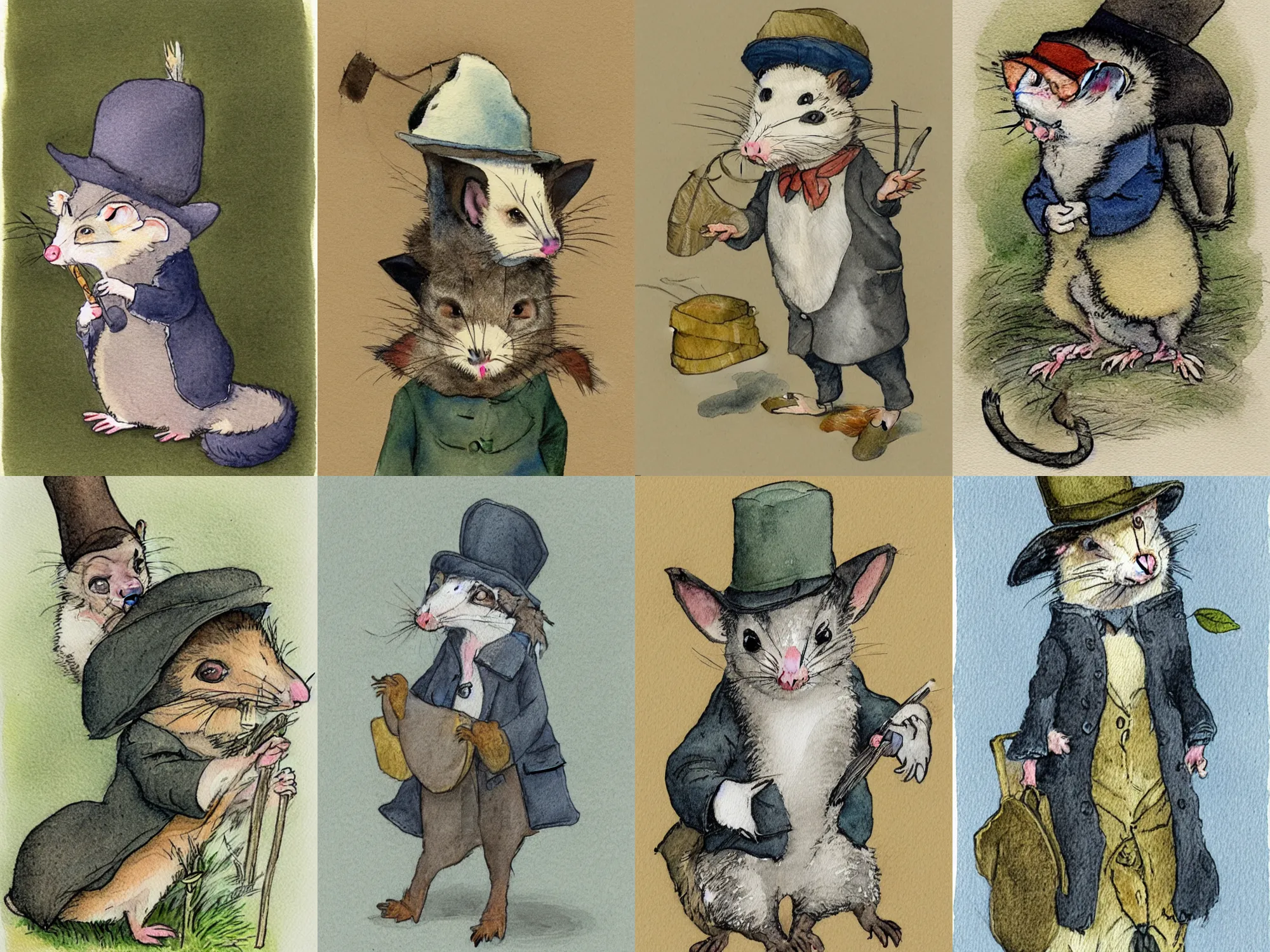 Prompt: a watercolour illustration of a Virginia opossum dressed as a detective with a deerstalker hat against a white background, in the style of Beatrix Potter