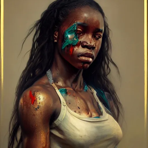 Image similar to portrait painting of a muscular bloodied tanzanian girl, ultra realistic, concept art, intricate details, eerie, highly detailed, photorealistic, octane render, 8 k, unreal engine. art by artgerm and greg rutkowski and alphonse mucha