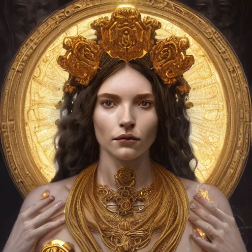 Prompt: portrait of Hecate as a marble statue skeleton, greek mythology, gold crown and filaments, intricate, headshot, highly detailed, digital painting, artstation, concept art, sharp focus, cinematic lighting, illustration, art by artgerm and greg rutkowski, alphonse mucha, cgsociety