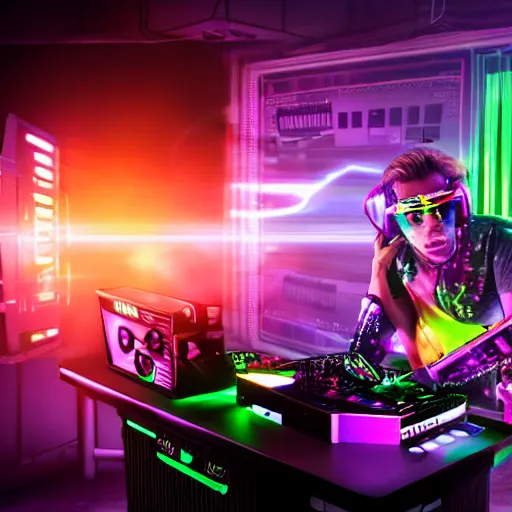 Prompt: A rave takin place in a cyberpunk setting with a computer being the main DJ