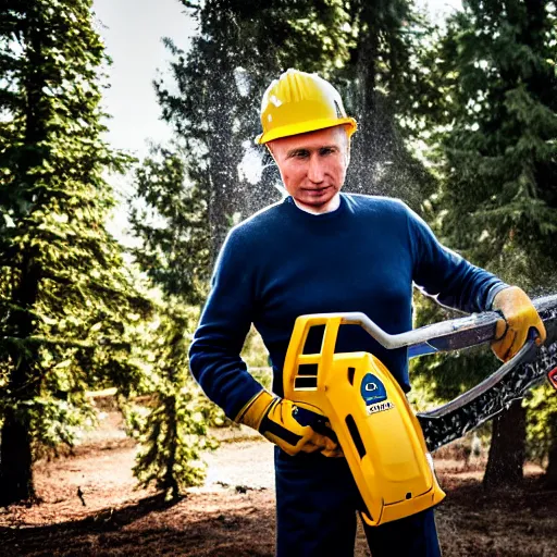 Image similar to putin with a chainsaw, cutting a tree. he wears a yellow safety helmet. canon eos r 3, f / 1. 4, iso 2 0 0, 1 / 1 6 0 s, 8 k, raw.