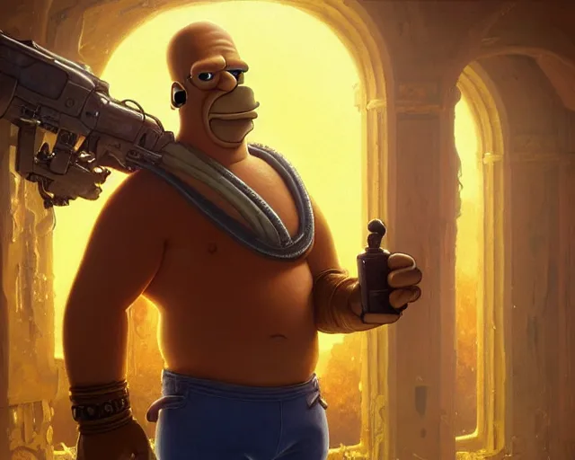 Image similar to a epic cinematic gaming screenshot portrait of homer simpson as main character from uncharted, deep focus, adventure, fantasy, intricate, elegant, highly detailed, digital painting, artstation, concept art, matte, sharp focus, illustration, fantasy style art, art by artgerm and greg rutkowski, matt groening and alphonse mucha