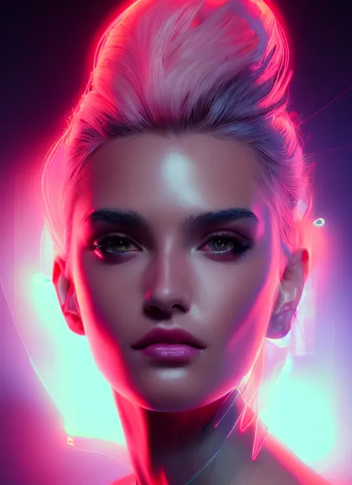 Image similar to a portrait of female humanoid in transparent fashion wear, intricate, elegant, cyber neon lights, highly detailed, digital photography, trending in artstation, glamor pose, concept art, smooth, sharp focus, art by artgerm and greg rutkowski