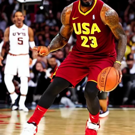 Prompt: Winning ESPN sports photo of year - Lebron James dribbling ball off foot MARK J REBILAS/USA TODAY SPORTS