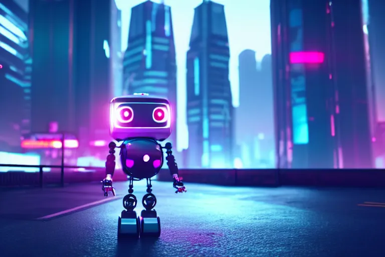 Image similar to a cute little robot in at cyberpunk city. super realistic 8 k render of a elegant, cinematic composition