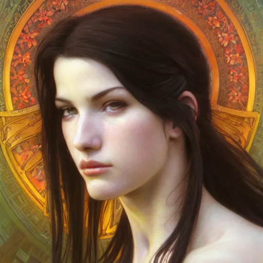 Prompt: Masterpiece head and shoulders Portrait of Tifa Lockheart drawn by Donato Giancola and Tom Bagshaw, face by Artgerm, overall design by Alphonse Mucha, background by James Jean and Gustav Klimt, light by Julie Bell, 4k, porcelain skin, komorebi, french nouveau, trending on artstation, octane render, hyperrealistic