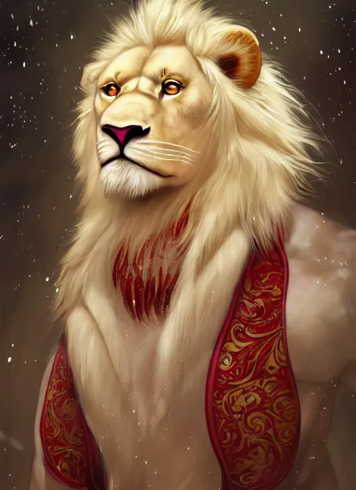 Image similar to award winning beautiful portrait commission of a male furry anthro albino lion with tattoos on his muscular belly with a beautiful hyperdetailed face wearing a golden and red winter handcrafted outfit with red gradient background and white snow falling around lion. Character design by charlie bowater, ross tran, and makoto shinkai, detailed, inked, western comic book art