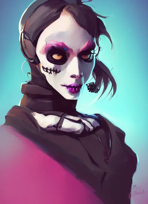 Prompt: a portrait of a girl skull face, in the style of artgerm, charlie bowater, atey ghailan and mike mignola, vibrant colors and hard shadows and strong rim light, plain background, comic cover art, trending on artstation