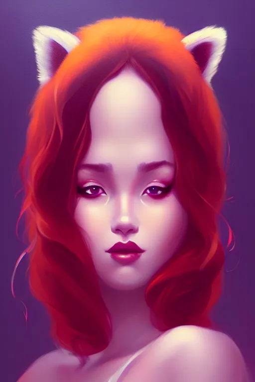 Image similar to a detailed portrait of a beautiful woman with ( red panda ) features, in professional makeup, dramatic lighting, by lois van baarle, ross tran, greg rutkowski, 4 k, trending on artstation