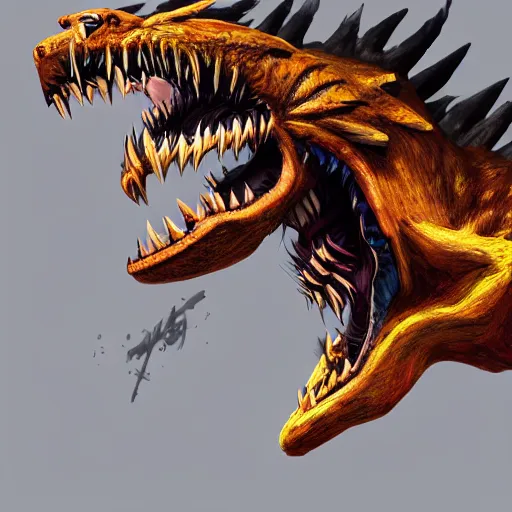 Image similar to tigrex ( monsterr hunter ) attacking and roaring, d & d, elegant, highly detailed, trending on artstation, digital painting, monster hunter, unreal engine